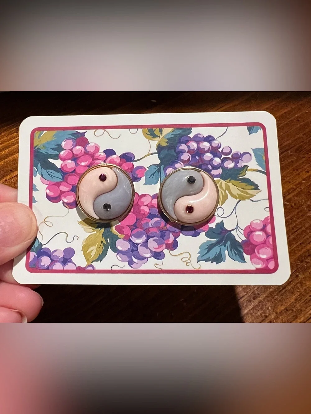 Betsey Johnson Purple Pink Gold Tone Yin Yang Button Earrings Jewelry
